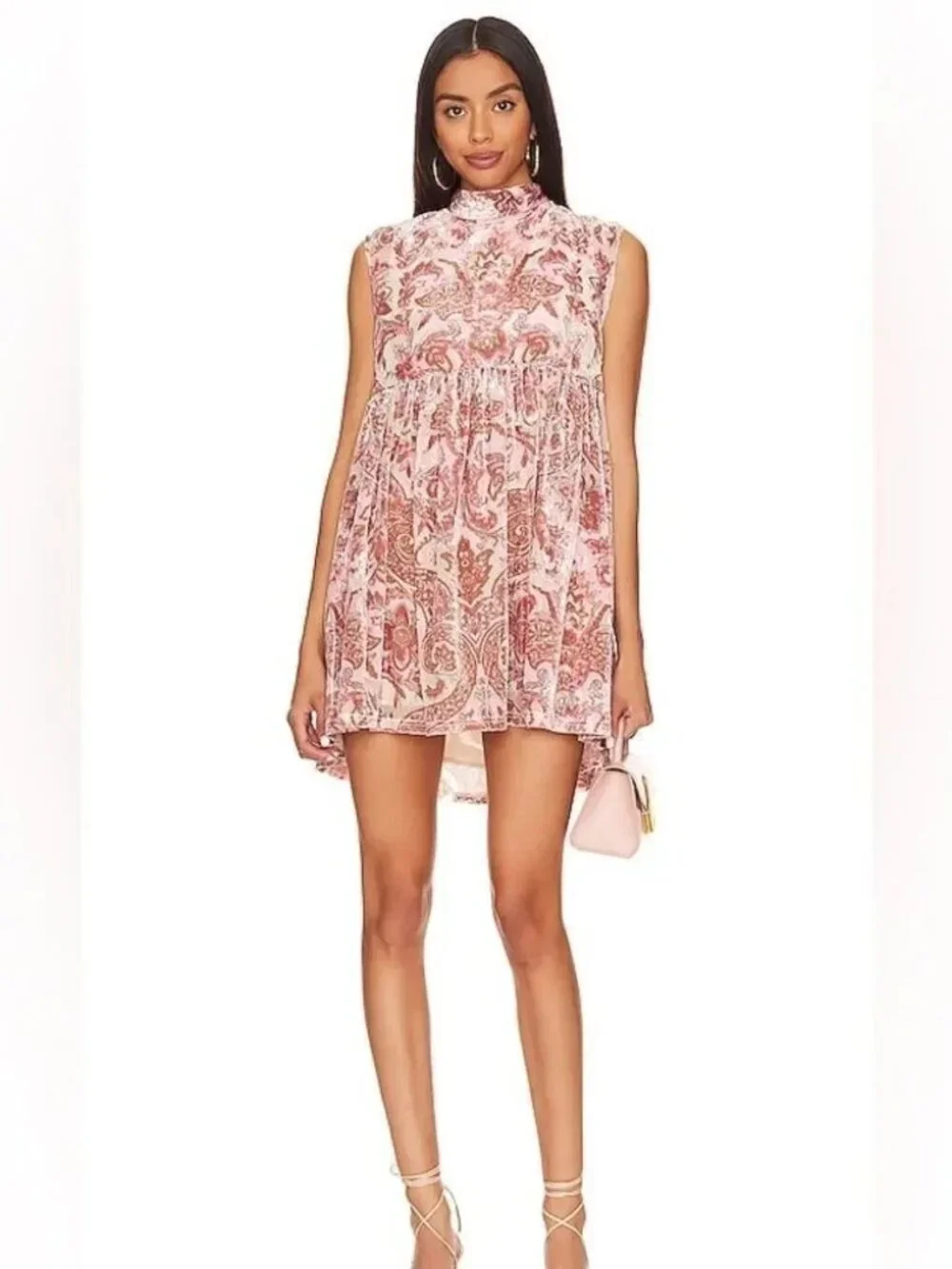 Free People All The Time Velvet Mini Dress Petal Pink Paisley Babydoll Womens XS